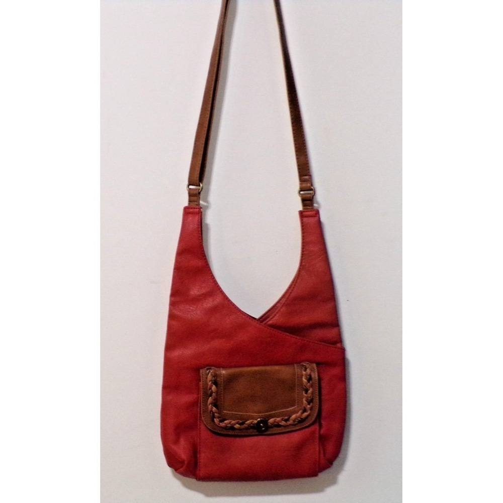 Bueno Crossbody Brown & Red Coral Snap & Zip Adj Strap Braided Trim Faux Leather